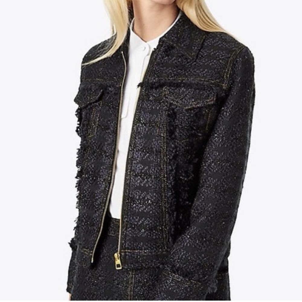 Tory Burch Black Bouclé Tweed Blazer Zip Lady Like Size 12 Fringe Detail Jacket - Picture 2 of 15